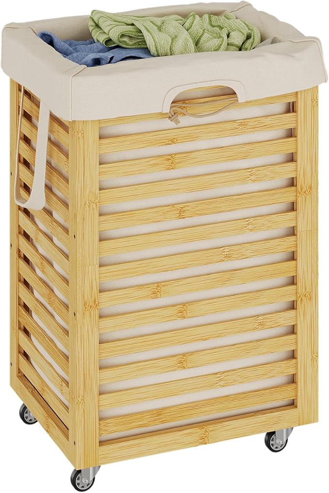 Laundry Hamper with Wheels, Laundry Basket with Liner, 85L Large bamboo wood Laundry Clothes Laundry Hamper, Liner with Handles, Dirty Clothes Storage Cart For Laundry Room, Dorm, Bedroom(Natural)