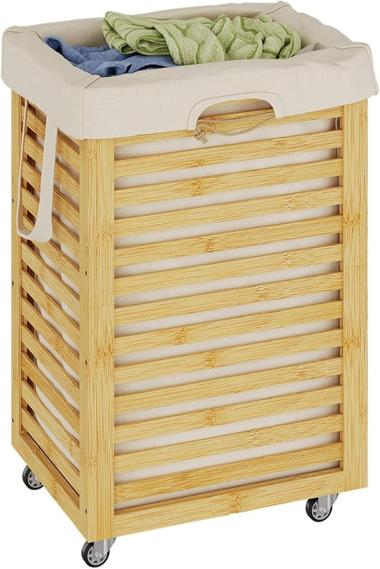 Laundry Hamper with Wheels, Laundry Basket with Liner, 85L Large bamboo wood Laundry Clothes Laundry Hamper, Liner with Handles, Dirty Clothes Storage Cart For Laundry Room, Dorm, Bedroom(Natural)