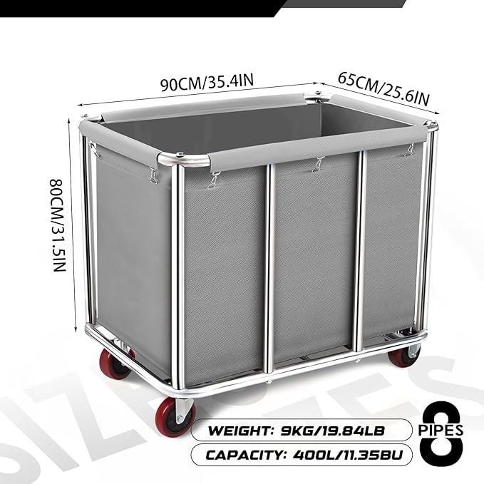 Commercial Laundry Cart with Wheels, 400L Large Rolling Laundry Cart with Steel Frame and Oxford Cloth, Heavy Duty Industrial Laundry Cart for Home,Hotel,Laundry Room, 441 lbs Load (Gray-8)
