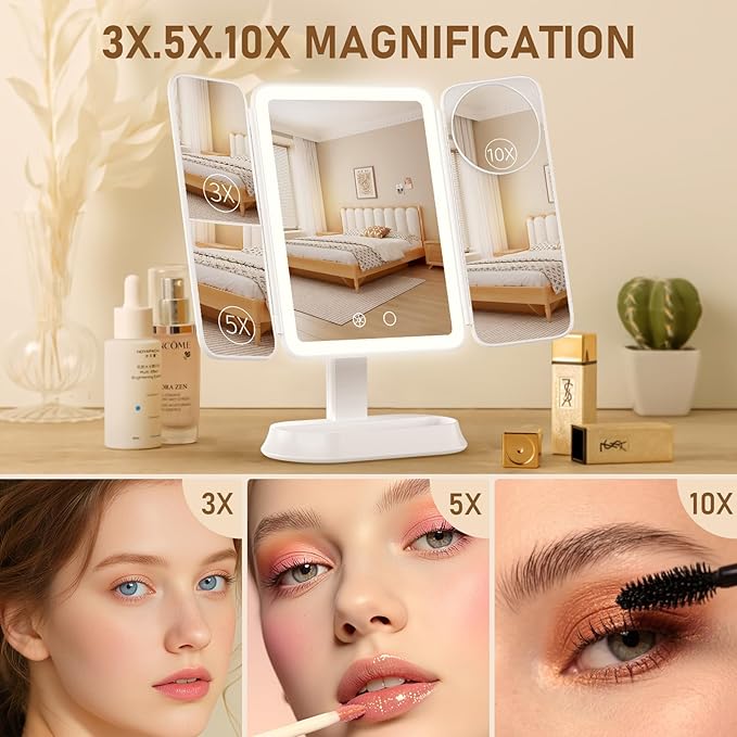 FRANO Makeup Mirror with Lights, Rechargeable Mirror with 3X/5X/10X Magnification, Portable Vanity Mirror with for Travel/Desk, Valentines Day Gifts for Her