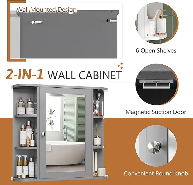 Meilocar Bathroom Mirror Cabinet Wall Mounted, Medicine Cabinet with Mirror and 6 Open Shelves, Modern Bathroom Wall Cabinets Medicine Cabinets, Grey