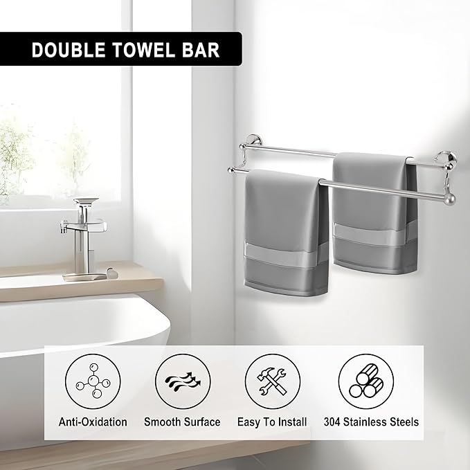 #304 Stainless Steel Double Towel Bar,Optional Different Length Installation (Chrome-24 inches, Double Towel bar)