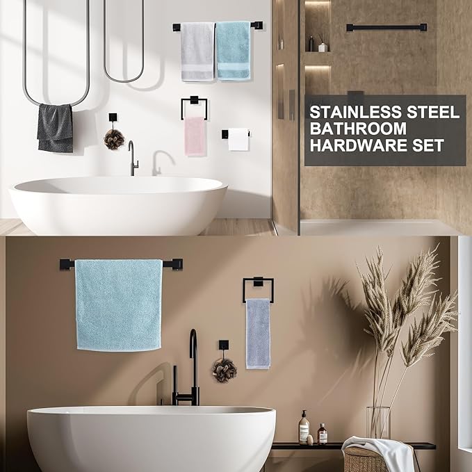 Gisafai 35 Pcs Black Bathroom Hardware Accessories Set 23.6 Inch Bath Towel Bar Kit Stainless Steel Bathroom Hardware Set Towel Racks Ring Robe Hooks Paper Holder for Wall Mounted
