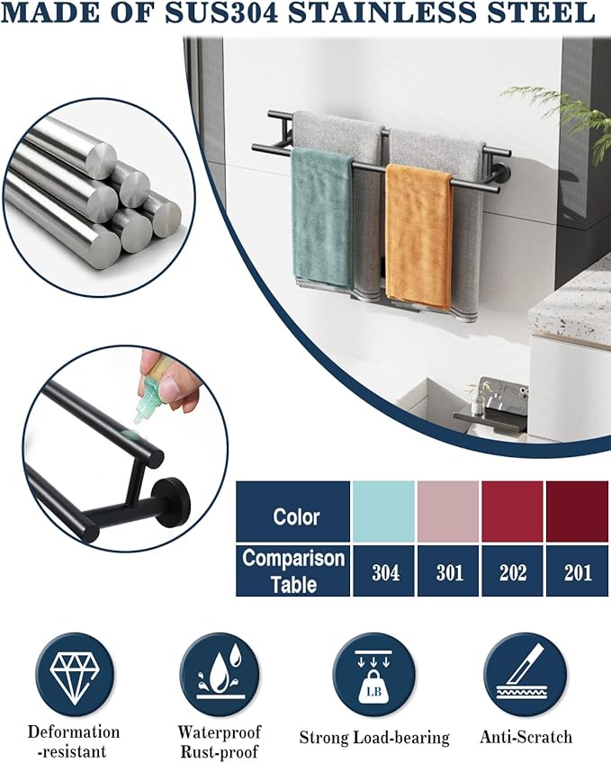 Alise Double Towel Bar Black,20" Towel Rack for Bathroom Wall Mounted,Bathroom Towel Rack SUS304 Stainless Steel Bathroom Towel Holder Quick Drying Hand Towel Holder Towel Bar for Walls