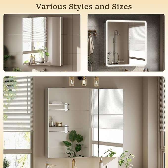Bathroom Medicine Cabinet Mirror with Storage, 40 Inch x 26 Inch Silver Medicine Cabinet with Double Door & Adjustable Shelves for Vanity, Aluminum Surface, Wall-Mount or Recessed