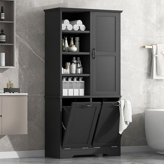 Virubi Tall Laundry Cabinet with 2 Tilt Out Hamper, Wood Bathroom Storage Cabinet with Doors and Adjustable Shelves Freestanding (Black)