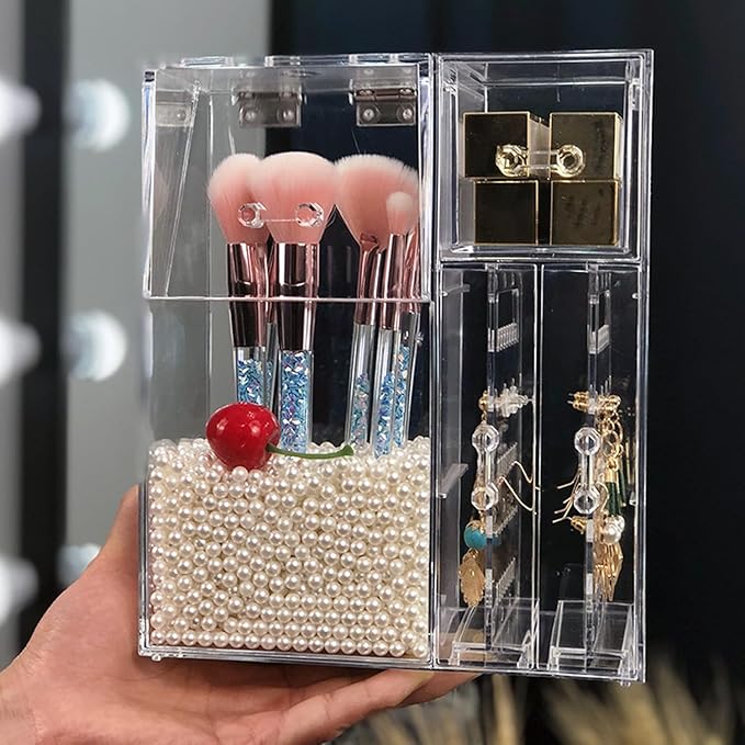 Acrylic Makeup Brush Holder with Lid - Cosmetics Storage Display Case - Clear Cosmetic Makeup Brush Organizer and Storage Box with Cover for Vanity (Style 1)