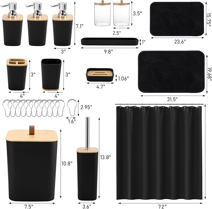 XLHOMO Bathroom Sets with Shower Curtain and Rugs, 27PCS Black Bathroom Accessories Set with Trash Can, Black Shower Curtain Set, No Slip Super Absorbent Bathroom Rugs