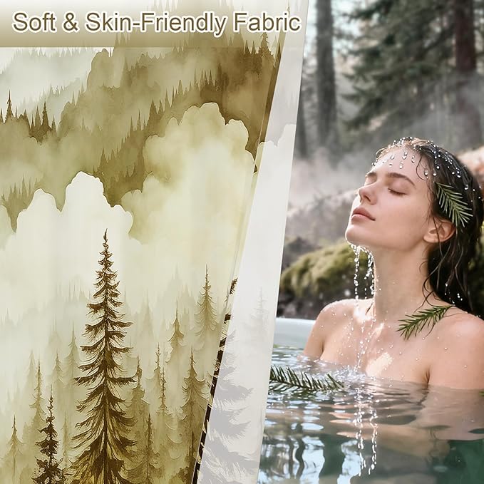 Yellow Long Misty Pine Forest Shower Curtain 72 x 78, Mountain Foggy Woodland Scenery Tree 78 Inch Long Shower Curtains for Bathroom, Abstract Waterproof Nature-Themed Decor