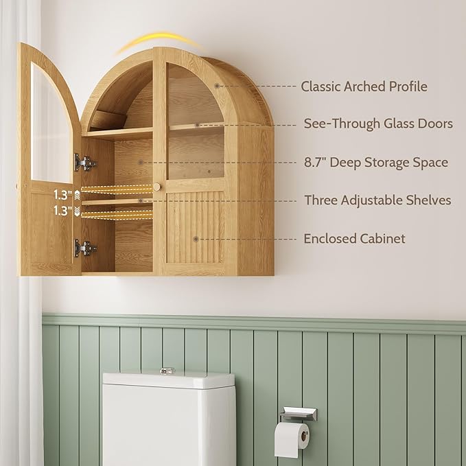 Arched Bathroom Wall Cabinet, 24 x 28 Inch Over The Toilet Storage Cabinet with Glass Door, Fluted, Adjustable Shelf, Wall Mounted Floating Wooden Medicine Cabinets for Bathroom Laundry Room, Natural