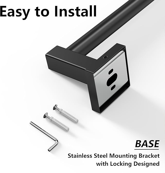 Towel Bar, Adjustable 12.7inch to 23.2inch Wall Mounted Towel Rack for Bathroom, Kitchen, SUS 304 Stainless Steel Towel Rod with Square Base (Matte Black)