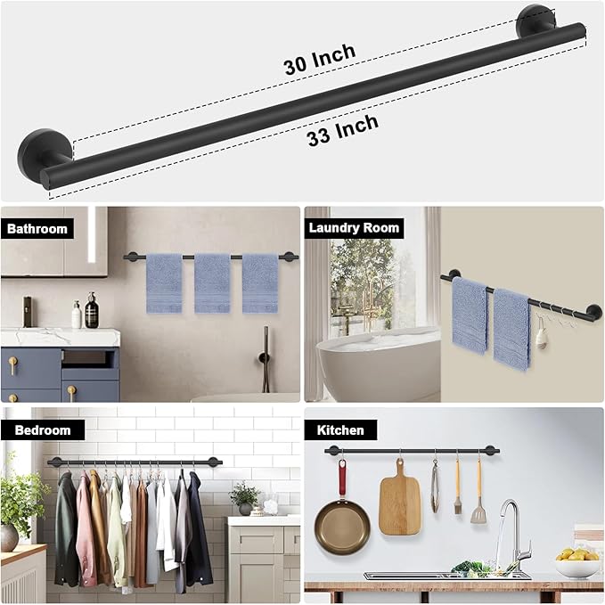 Livabber Bath Towel Bar, 304 Stainless Steel Towel Rack, Heavy Duty Towel Holder Wall Mounted for Bathroom/Kitchen, Usable Hanging Length-30 Inch, Total Length-33 Inch (Black)