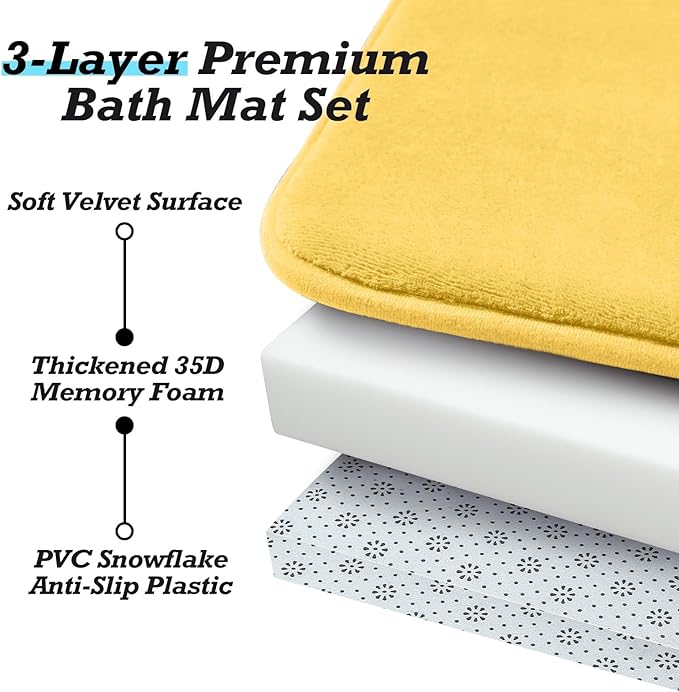 HUXMEYSON Bathroom Rugs Sets 2 Piece, Non-Slip & Quick Dry Bath Mat Set, Ultra Soft Velvet Bath Rugs for Bathroom, Toilet and Shower Floor, Yellow