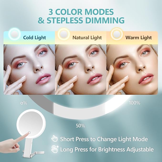 MIYADIVA Magnifying Mirror with Light, 20X Magnifying Makeup Mirror with Handheld,Travel Mirror with Lights and Magnification,3 Colors Desktop Mirror and Wall Mirror,Vanity Mirror with Lights 6 Inches