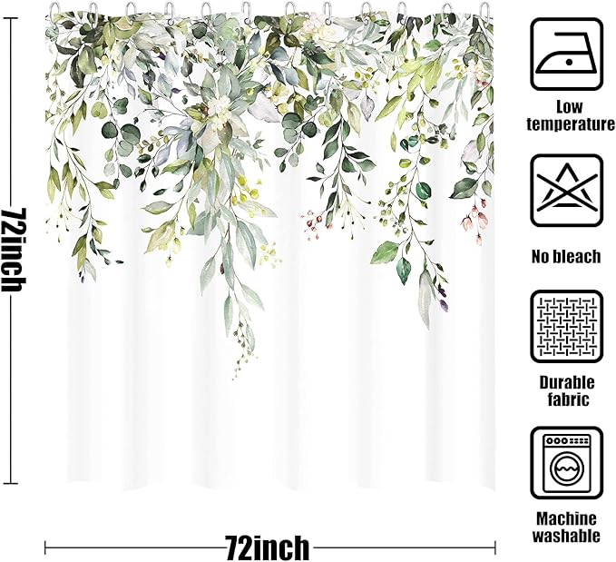 kampdream Green Eucalyptus Plant Shower Curtain, Watercolor Leaves On The Top Shower Curtain, Sage Green Spring Botanical Bathroom Curtain 72 ×72 Inch
