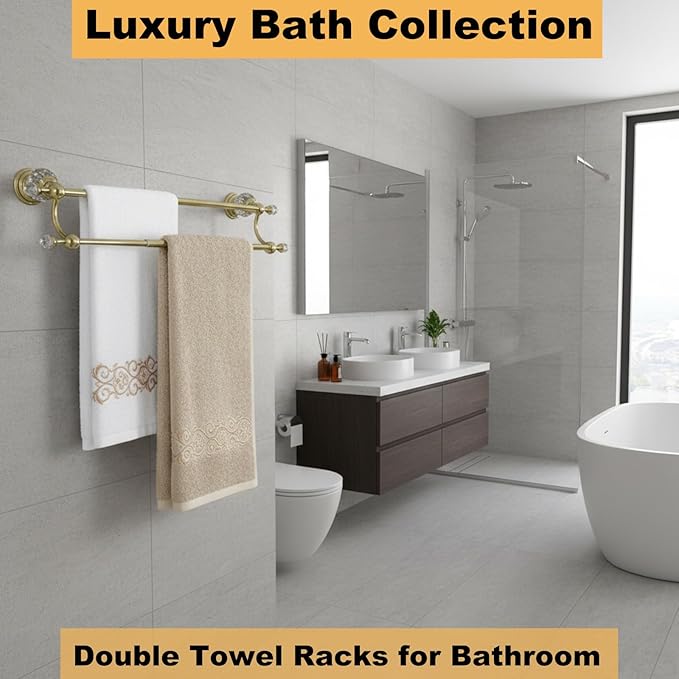 Gold Double Towel Bar with Crystal, Adjustable Towel Racks for Bathroom Wall Mounted 18-30 Inches, Stainless Steel Towel Rod Holder for Modern Luxury Bathroom