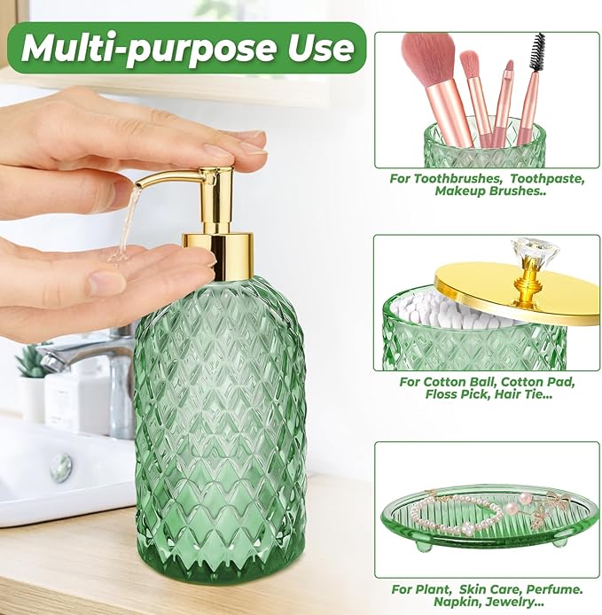 Jenseits Emerald Green Glass Bathroom Set 4 Piece - Luxury Diamond Textured Bathroom Accessories - Soap Dispenser, Vanity Tray, Toothbrush Holder, Apothecary Jar - Boho Style Home Decor