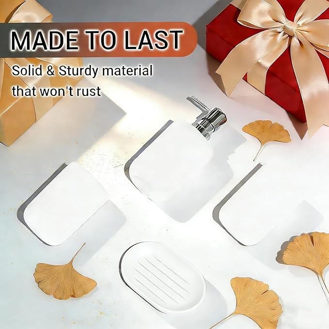 Matte White Bathroom Accessories Set, 4 Piece Plastic Bathroom Toothbrush Holder Set, Include Soap Dispenser, Toothbrush Holder, Rinse Cup, Soap Dish, Boho White Bathroom Decor for Home, Bathroom Set
