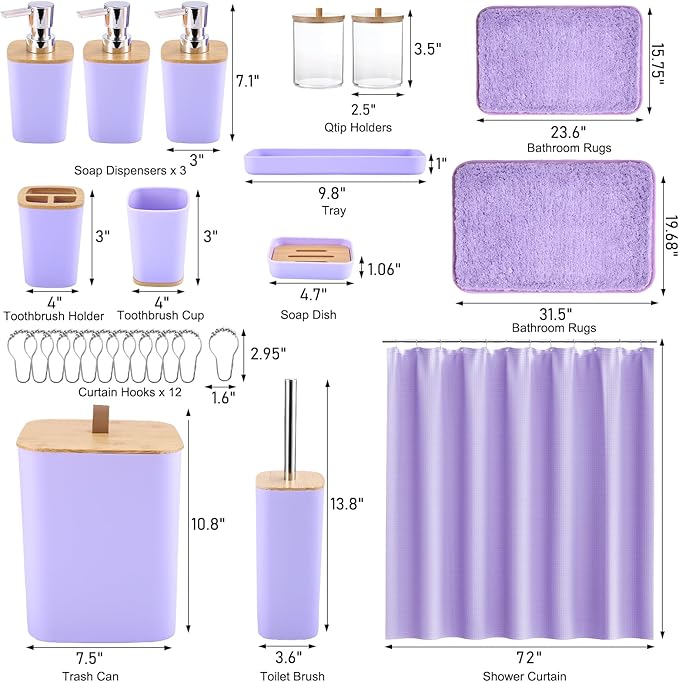 XLHOMO Bathroom Sets with Shower Curtain and Rugs, 27PCS Purple Bathroom Accessories Set with Trash Can, Purple Shower Curtain Set, No Slip Super Absorbent Bathroom Rugs