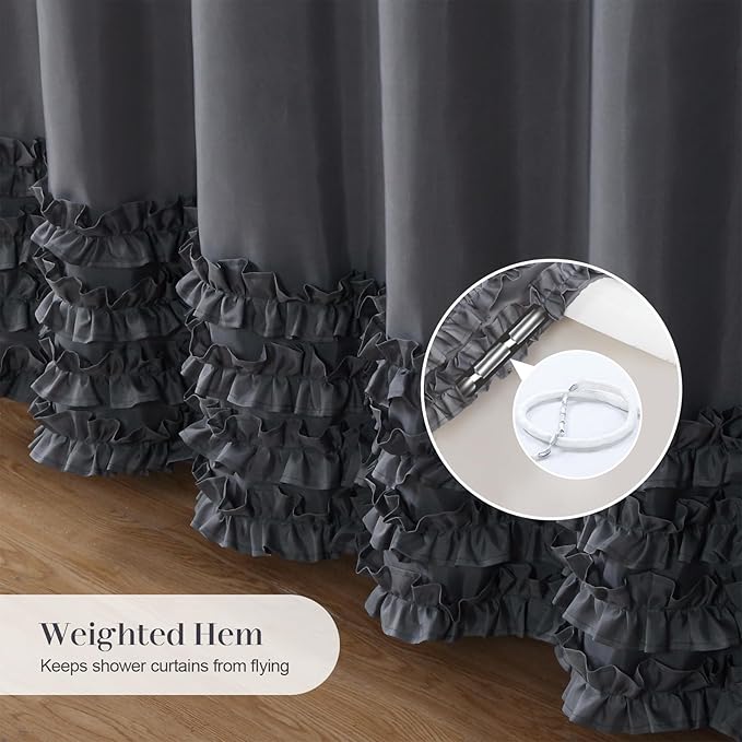 Grey Ruffle Shower Curtain, Girls Women Fabric Shower Curtain with Delicate Handcrafted Ruffles, Waterproof Ruched Farmhouse Decorative Bathroom Curtain, 72" W x 72" H