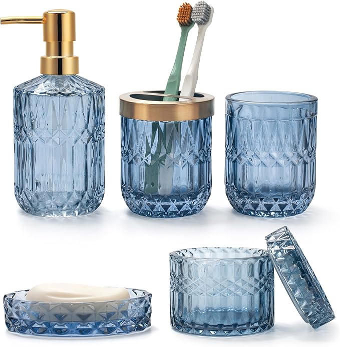 IVAILEX 5PCS Blue Glass Bathroom Accessories Sets of Lotion Dispenser, Soap Dish, Toothbrush Holder, Tumbler, Cotton Swab Jars, Modern Bath Decor, Vintage Gift