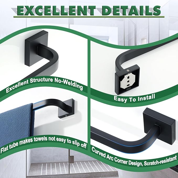 Alise 16'' Towel Bar for Bathroom,Towel Holder Black Towel Racks for Bathroom Wall Mount,SUS304 Stainless Steel Towel Rail Towel Hanger for Wall,Matte Black