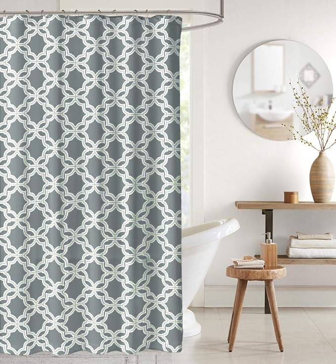 Serafina Home Grey Fabric Shower Curtain, Gray White Chain Link Geometric Design, 72x72 Inches, with Hooks, 13 Piece Set