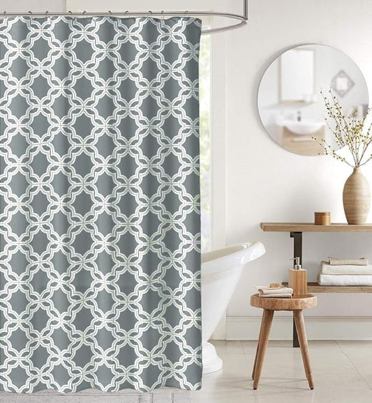 Serafina Home Grey Fabric Shower Curtain, Gray White Chain Link Geometric Design, 72x72 Inches, with Hooks, 13 Piece Set