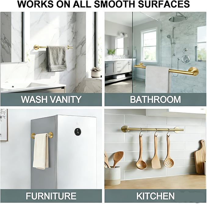 9 Inch #304 SUS Over The Door Towel Racks Wall Mounted,Self Adhesive Brushed Gold Bathroom Accessories, Small Bathroom Organizer & Dish Towel Holder&Shower Shoe Shelves