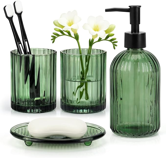 Topsky 4 Pcs Glass Bathroom Accessories Set,13.5oz Liquid Hand Soap Dispenser with Toothbrush Holder,Mouthwash Cup,Soap Dish for Bathroom Countertop,Vertical Stripe Design,Heavy Weight,Army Green