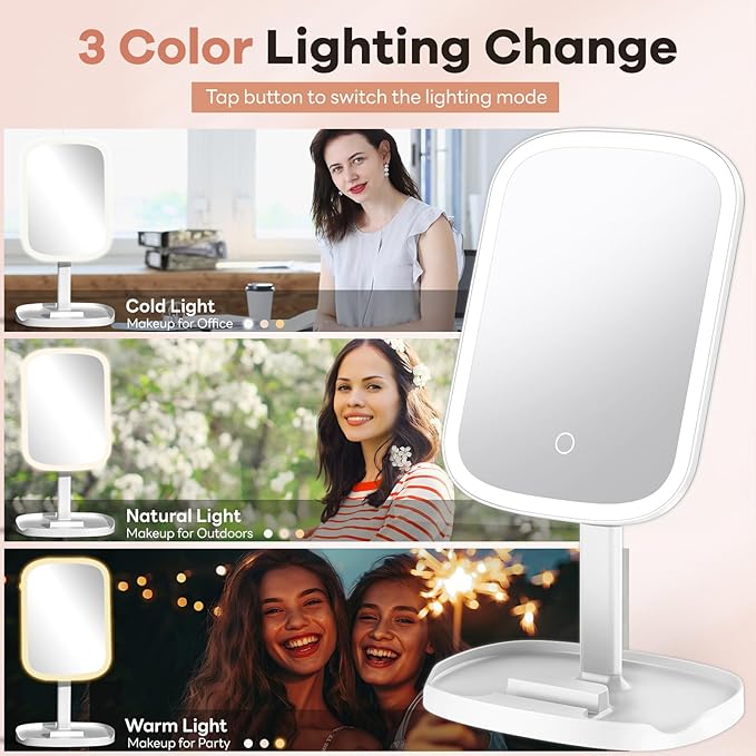Makeup Mirror Vanity with Lights, Rechargeable Vanity Mirror with 3 Color Light, Adjustable Brightness, 360° Degree Rotation, Makeup Mirror for Beginners, Gifts for Women (Beige)