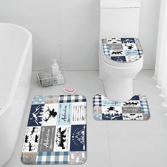 Pamnest 4 Pcs Shower Curtain Sets, Moose Bear Animal Funny Plaid Waterproof Bathroom Sets with Non-Slip Rugs, Toilet Lid Cover and Bath Mat, 12 Hooks, Accessories Modern Home Bathroom Decor 72" X 72"