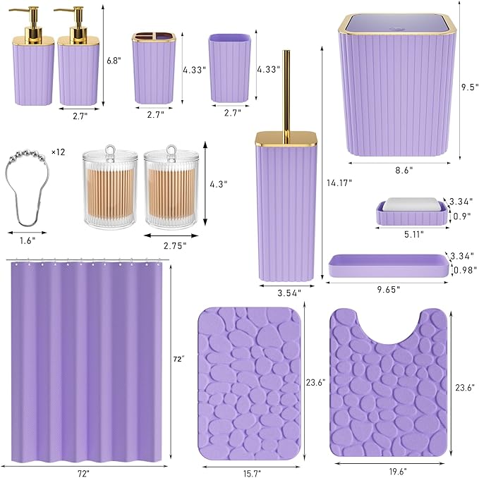 XLHOMO Bathroom Accessories Set - 25PC Bathroom Sets with Shower Curtain and Rugs, Purple Bathroom Set with Trash Can, Soap Dispenser, Soap Dish & Toilet Brush