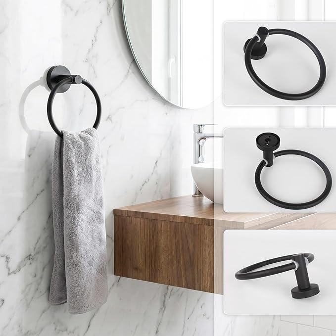 24 Inch Usable Towel Bar, 5-Piece Matte Black Bathroom Accessories, SUS304 Stainless Steel Towel Ring Holder, Toilet Paper Holder with 2 Hooks, Wall Mounted Modern Bathroom Hardware Set
