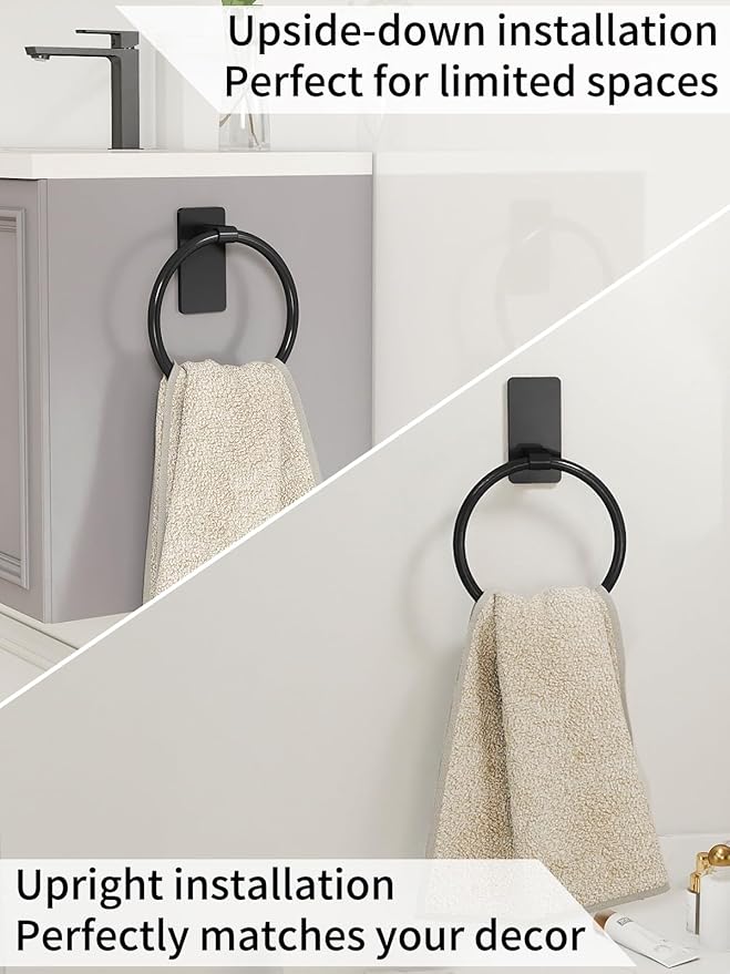 Adhesive Towel Holder, Hand Towel Holder for Bathroom, Self Adhesive Hand Towel Rings, Black, 2 Pack