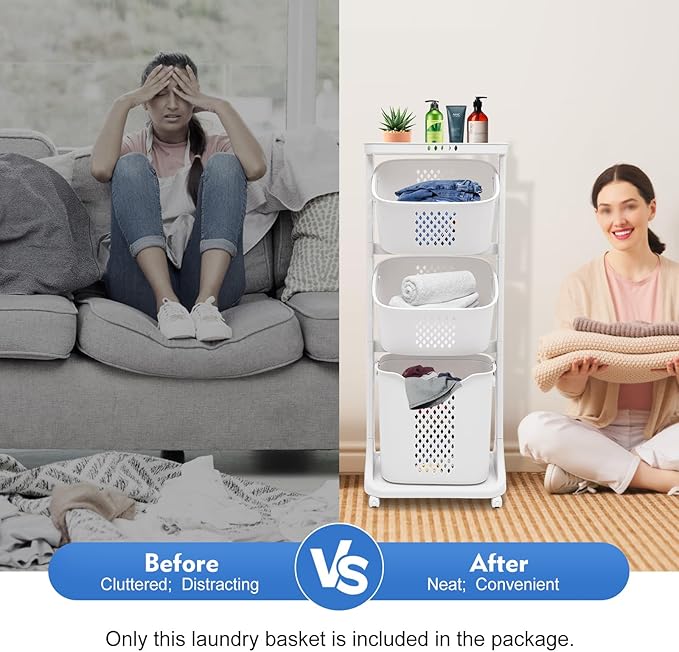 Laundry Basket, 3 Tiers Storage Basket Plastic Clothes Hamper Movable Clothes Hamper Bathroom Hampers With Wheels,Portable Freestanding Dirty For Laundry Room Organization