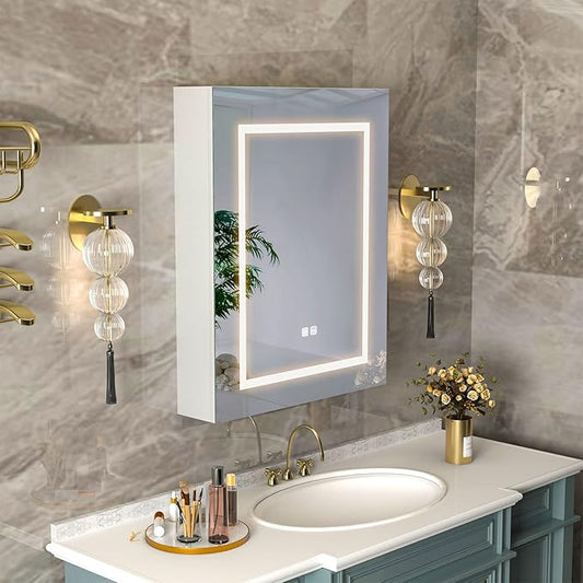 LED Medicine Cabinet with Lights,Lighted Medicine Cabinet with Mirror,Bathroom Mirror Cabinet Wall Mounted,Defogger,Memory 3-Color Mode, Dimmer, 24x30 Inch