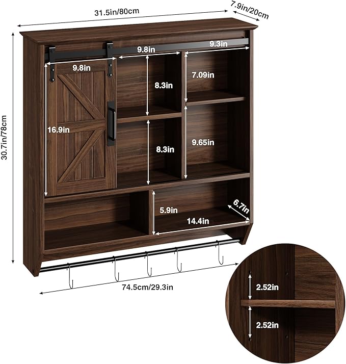 RUSTOWN Farmhouse Bathroom Wall Cabinet,3-Tier Rustic Wood Wall Mounted Cabinets,Vintage Medicine Cabinet with Sliding Barn Door and Adjustable Shelves,Over The Toilet Storage Cabinet (Dark Walnut)