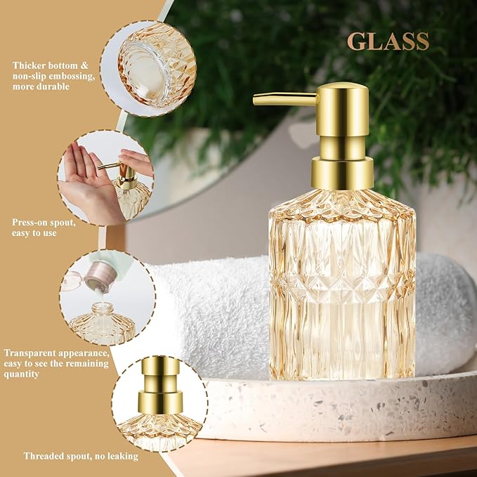 Bathroom Accessories Set, 5Pcs Gold Glass Bathroom Accessories Set with Gold Soap Dispenser, Soap Dish, Toothbrush Holder, Tumbler, Cotton Swab Jars