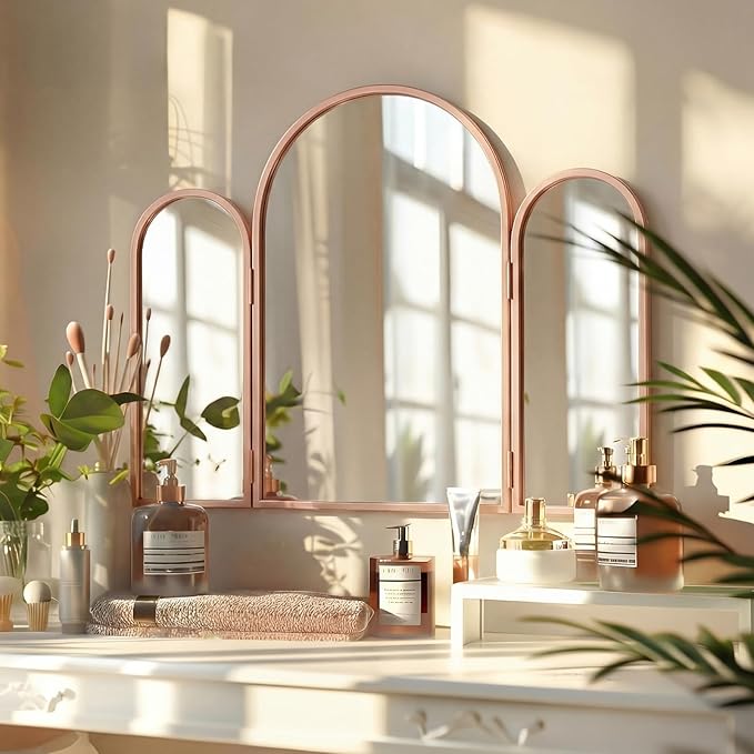Wonderjune Trifold Vanity Mirrors 3 Way, 30 x 37 in Adjustable Arch Trifold Mirror for Bathroom Bedroom, Decorative Folding 3 Sided Mirror Wall Mounted for Braiding Hair Makeup(Rose Gold)