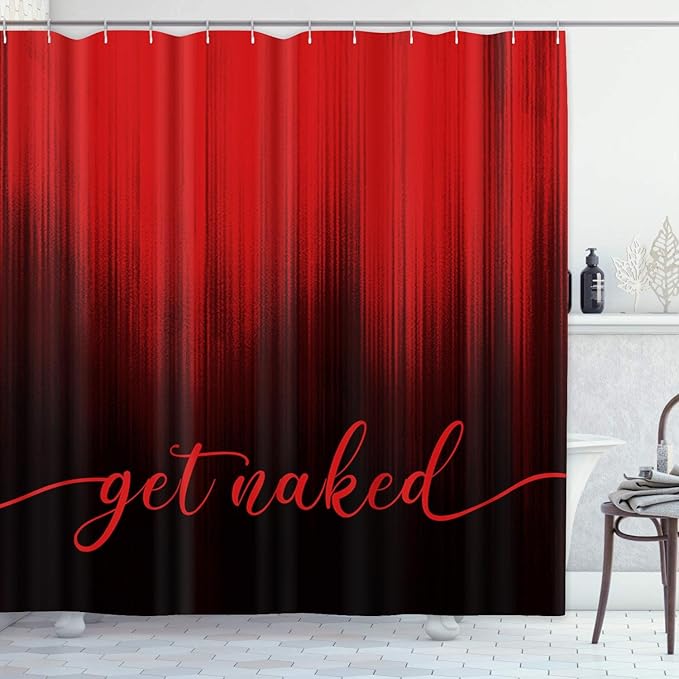 ArtSocket 4PC Red Black Ombre Get Naked Modern Simple Shower Curtain Sets Bathroom Decor with Rugs, Non-Slip Rug,Toilet Lid Cover, Bath Mat and 12 Hooks 72x72 inches