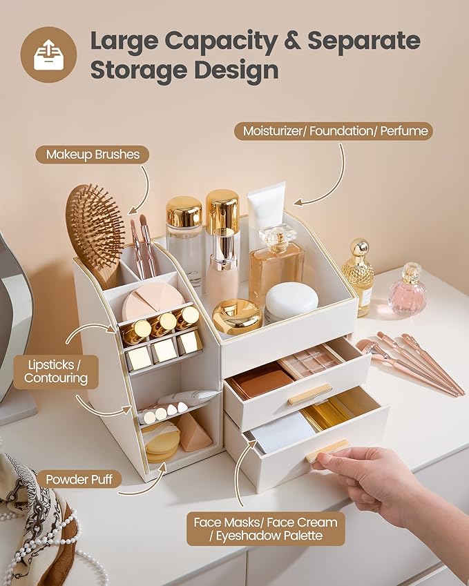 Lolalet Makeup Organizer with Drawers, PU Leather Spacious Skincare Holder Lipsticks Perfume Brushes Beauty Essentials Display Case for Vanity Dresser Countertop Bathroom Easy to Clean -Cream