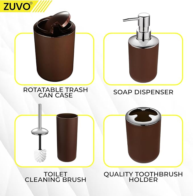 Bathroom Accessories Set 6 Piece -(Trashcan, Soap Dispenser, Toothbrush Holder, Soap Dish,Toilet Brush) for Decorative Countertop and Housewarming Gift (Brown)
