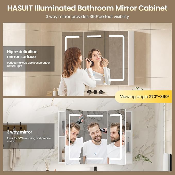 Hasuit Medicine Cabinet Organizer with Mirror, Lighted Bathroom Medicine Cabinet with Storage, 3 Doors Bathroom Wall Cabinet with LED Lights, Adjustable Shelves & Outlets, 31.5'' x 23.6'', White