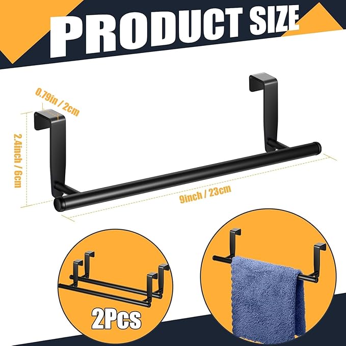 2 Pack Towel Rack for Cabinet, Over Cabinet Bar, Strong Steel Towel Holder, 9 Inch for Home Kitchen Bathroom Doors(Black)