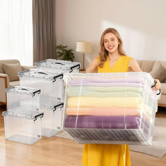 Clear Storage Bins with Lids, 4 Pack - 60 Quart Extra Large Storage Totes Boxs - Heavy Duty BPA-Free Organizing Containers Storage Boxes 4pack 60and one 28 qt & 20 qt for Home Closet