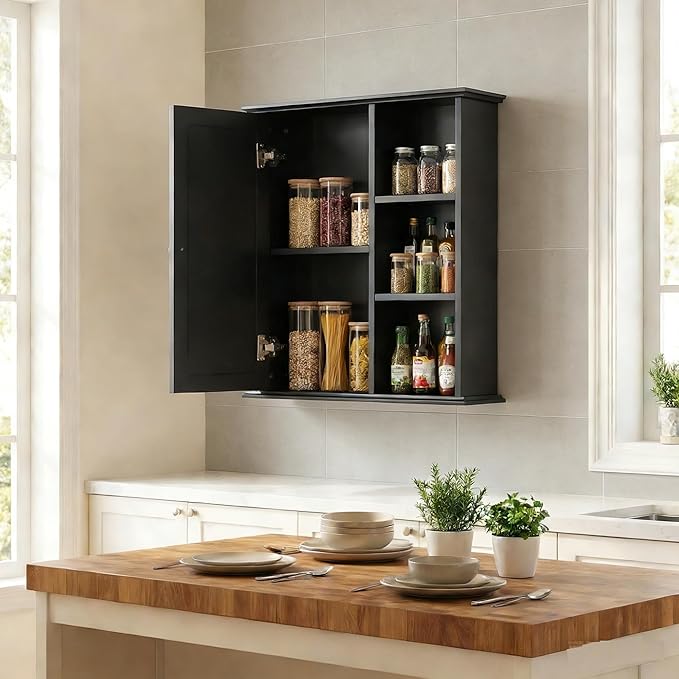 The Wide Usage Wall Medicine Cabinet with Storage Shelves & Anti-Dust Door for Bathroom, Living Room, Kitchen, Entryway,Bedroom (Black)