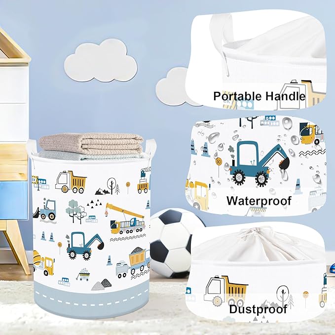 Cars Laundry Hamper Cartoon Vehicle Large Storage Basket Collapsible Parents Organizer Boy Toy Clothes Bins for Bedroom, Bathroom, Crane, 63L
