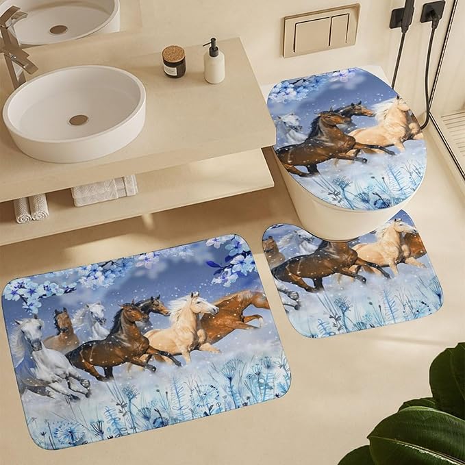 Beautiful Horses 4 Pcs Waterproof Shower Curtain Set,Realistic Modern Winter Forest Farm Animal Horse Blue Flowers with Waterproof Toilet Cover Shower Mat Rugs
