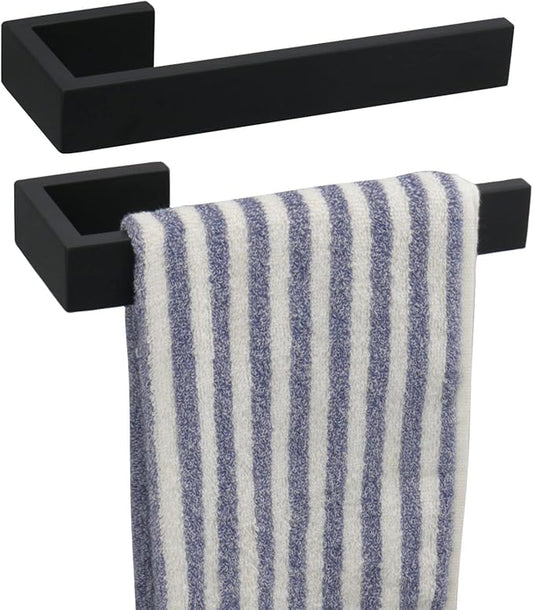 TocTen Hand Towel Holder/Towel Ring - 2Pack Thicken SUS304 Stainless Steel Bathroom Hand Towel Hanger, Heavy Duty Wall Mounted Towel Rack, Square Hand Towel Bar for Bathroom (Matte Black,2 Pcs 9 in)